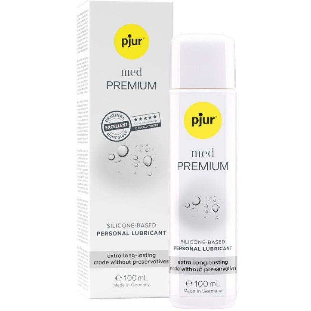 pjur med PREMIUM, lubrificante al silicone, flacone e confezione. Informazioni e certificazioni visibili.