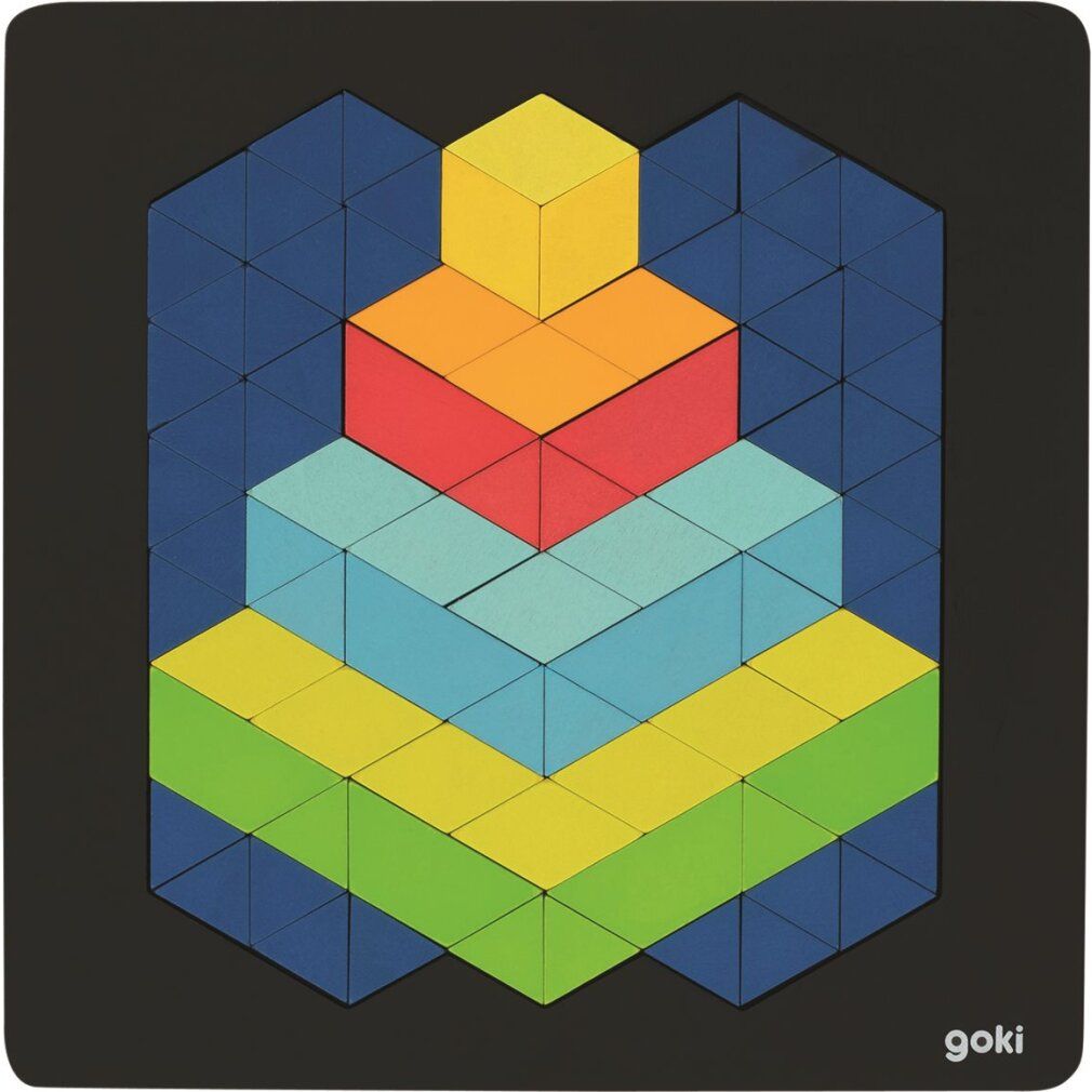Puzzle 3D piramidale in legno. Forme geometriche multicolore. Logo Goki in basso a destra.