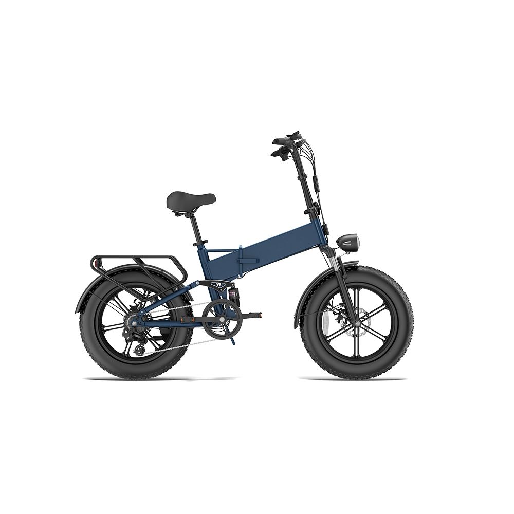 Bicicletta elettrica pieghevole, vista laterale. Pneumatici neri, portapacchi, sella. Design del telaio blu. Su sfondo bianco.