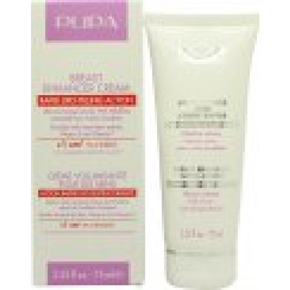 Tubo di crema e scatola. Testo sul tubo e sulla scatola. Il tubo è bianco, la scatola è bianca e rosa.