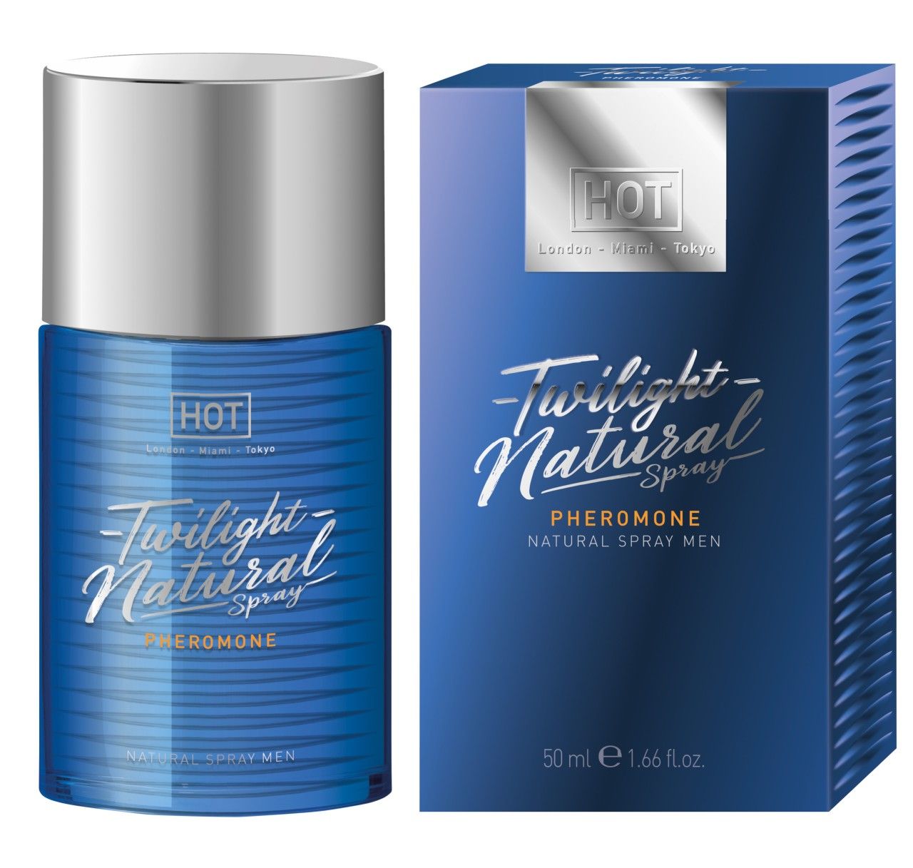 Twilight Natural Spray da uomo, flacone e scatola blu, spray a feromoni.