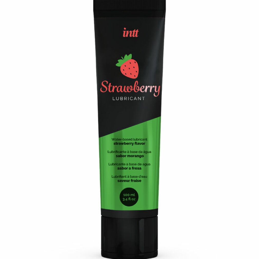Tubo nero e verde. Scritta INTT, fragola, lubrificante. Testo multilingue. Tappo nero. Contenuto 100 ml.