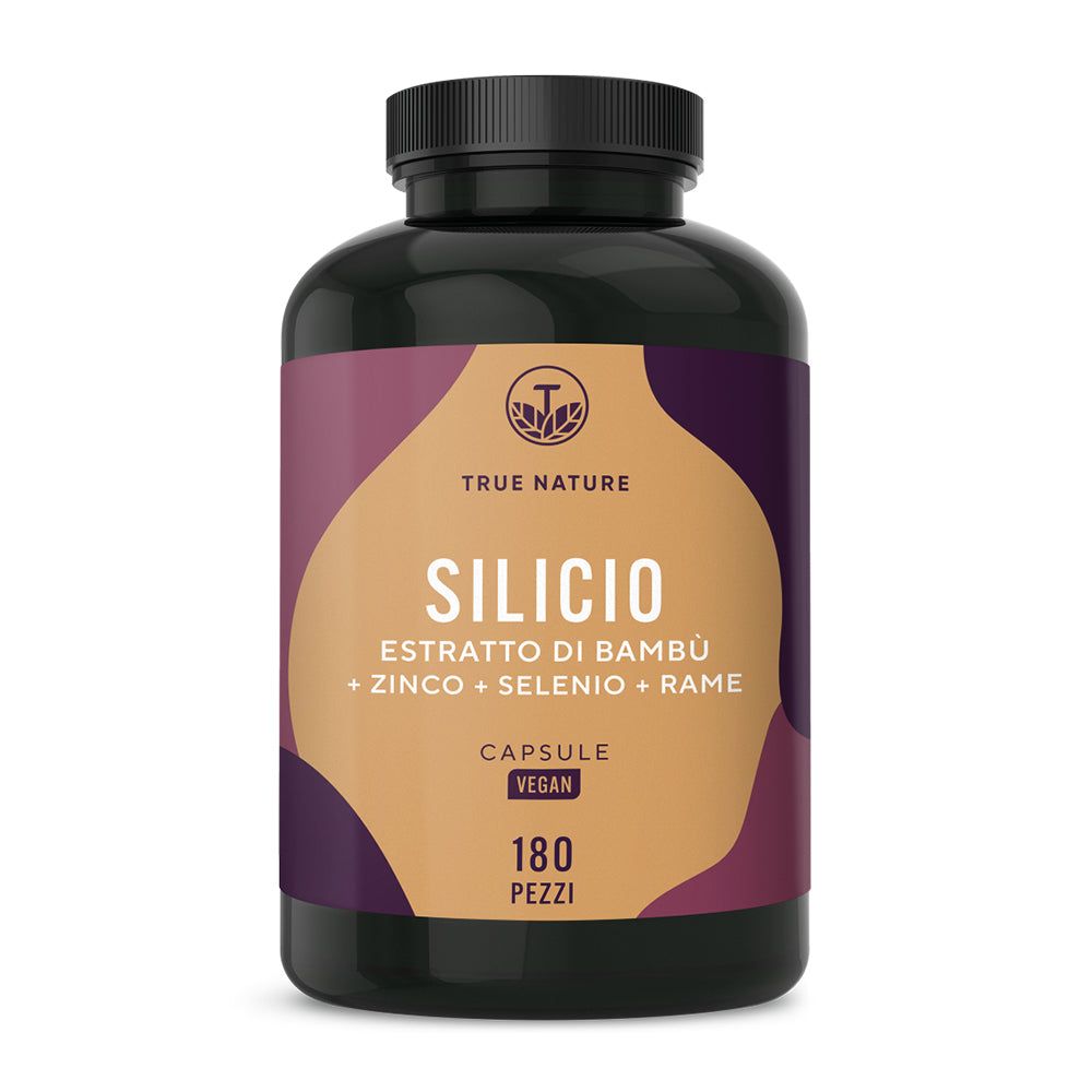 Flacone marrone di capsule. Scritta: SILICIO, estratto di bambù, zinco, selenio, rame. 180 pezzi. Vegano.