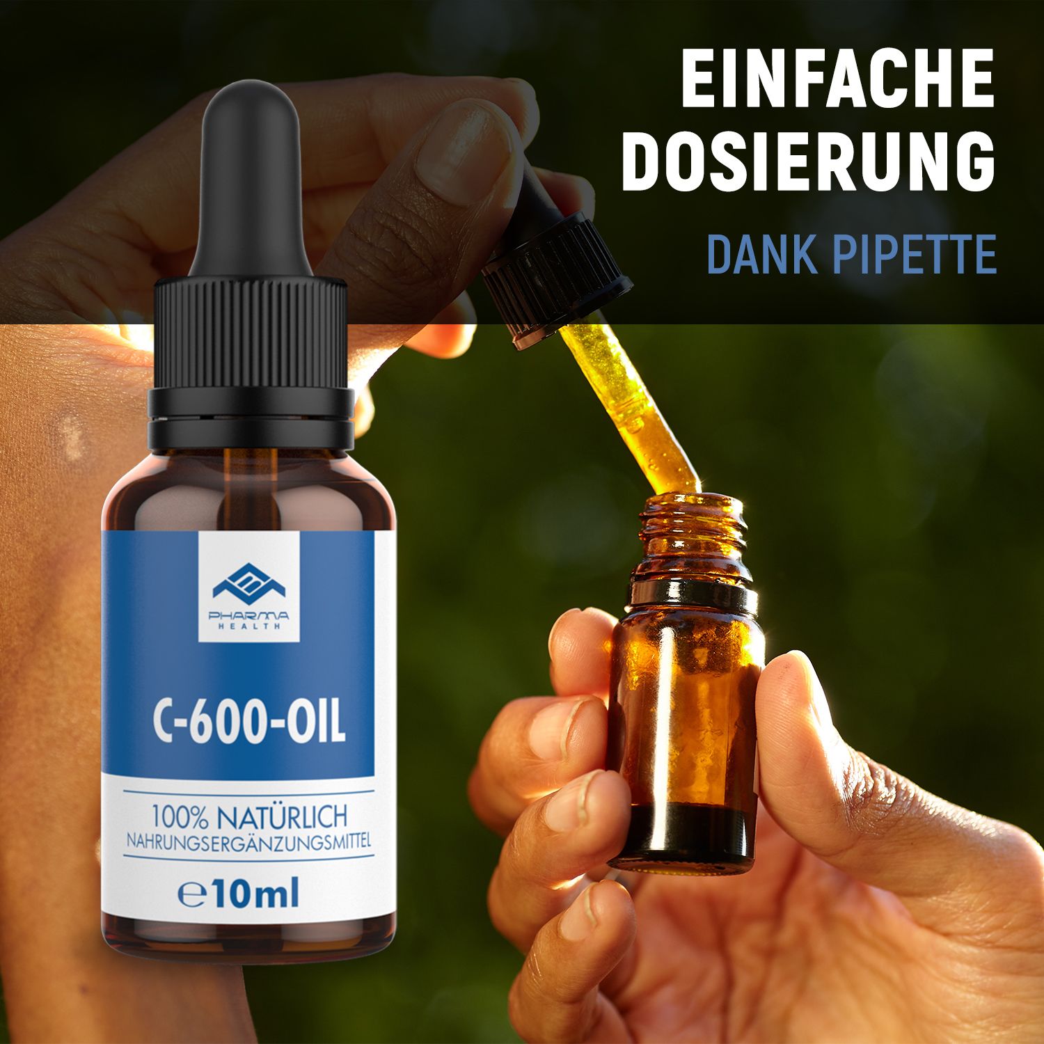 Flacone marrone con contagocce, gocce versate in un piccolo flacone. Scritta C-600-OIL, 100% NATURALE. Sfondo: verde.
