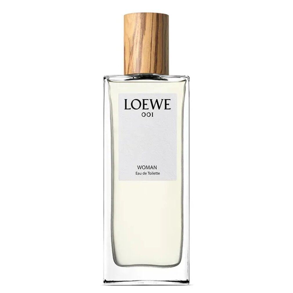 Loewe 001 Woman Eau de Toilette Spray. Flacone rettangolare con tappo in legno. Etichetta bianca con nome del prodotto. Flacone in vetro trasparente.