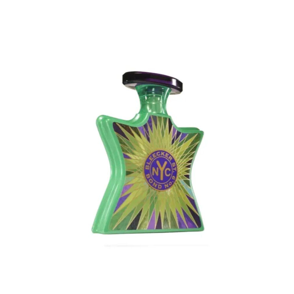 Flacone di profumo verde con design viola e giallo. Scritta: Bleecker St. NYC Bond No. 9.
