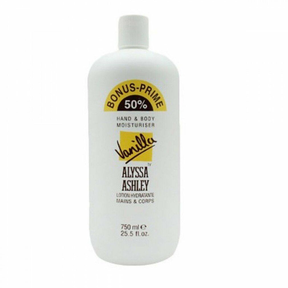 Flacone bianco con etichetta gialla. Scritta: BONUS-PRIME 50%, HAND & BODY MOISTURISER, Vanilla, ALYSSA ASHLEY. 750 ml.