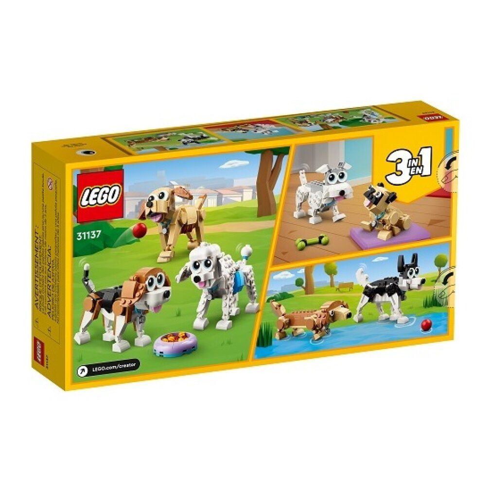 Retro della scatola LEGO Creator 31137. Set 3 in 1. Modelli di cani: Bassotto, Barboncino, Beagle. Logo 3 in 1. Altri modelli.