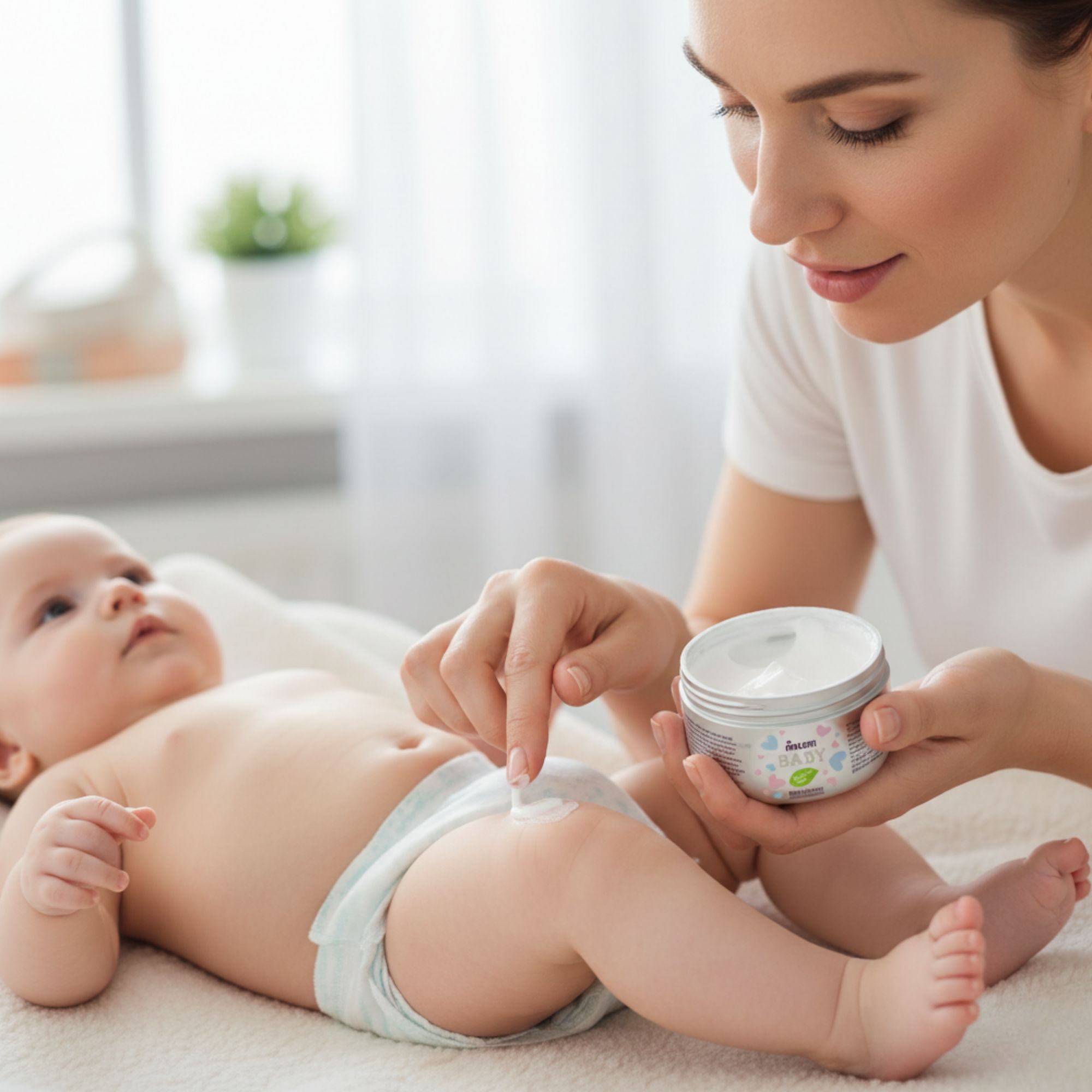 Donna applica crema sulla zona pannolino di un bambino. La crema è in un contenitore rotondo.