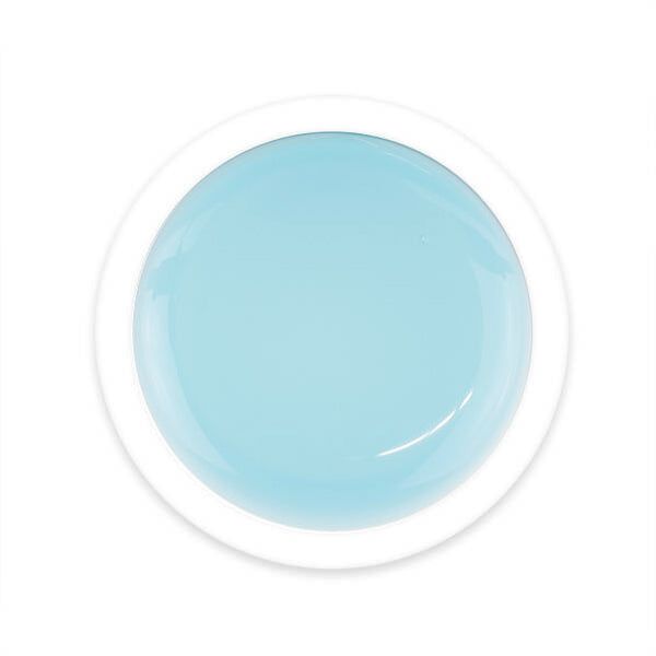 Vista dall'alto di un campione di gel rotondo azzurro chiaro in un contenitore bianco.