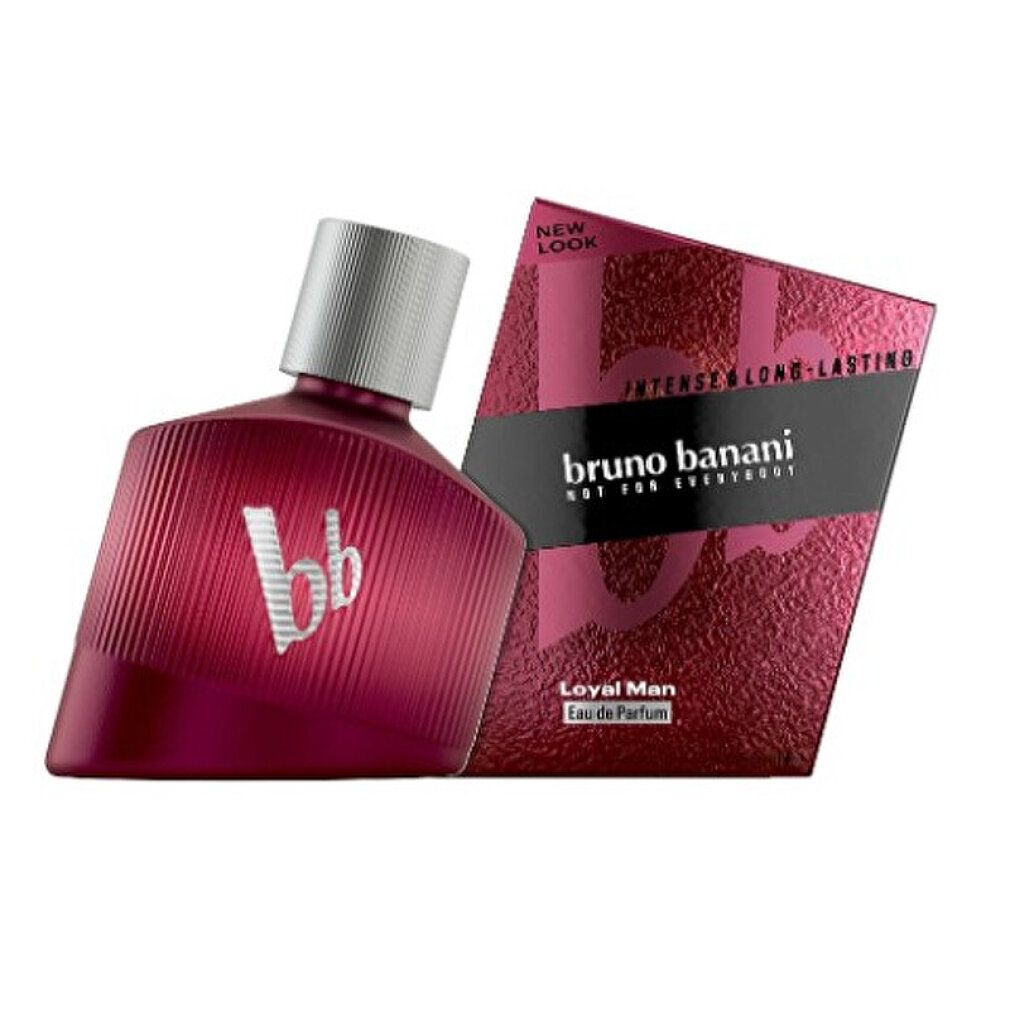 Flacone di profumo rosso con tappo argentato e confezione. Scritta: Bruno Banani Loyal Man Eau de Parfum. Striscia nera con testo.