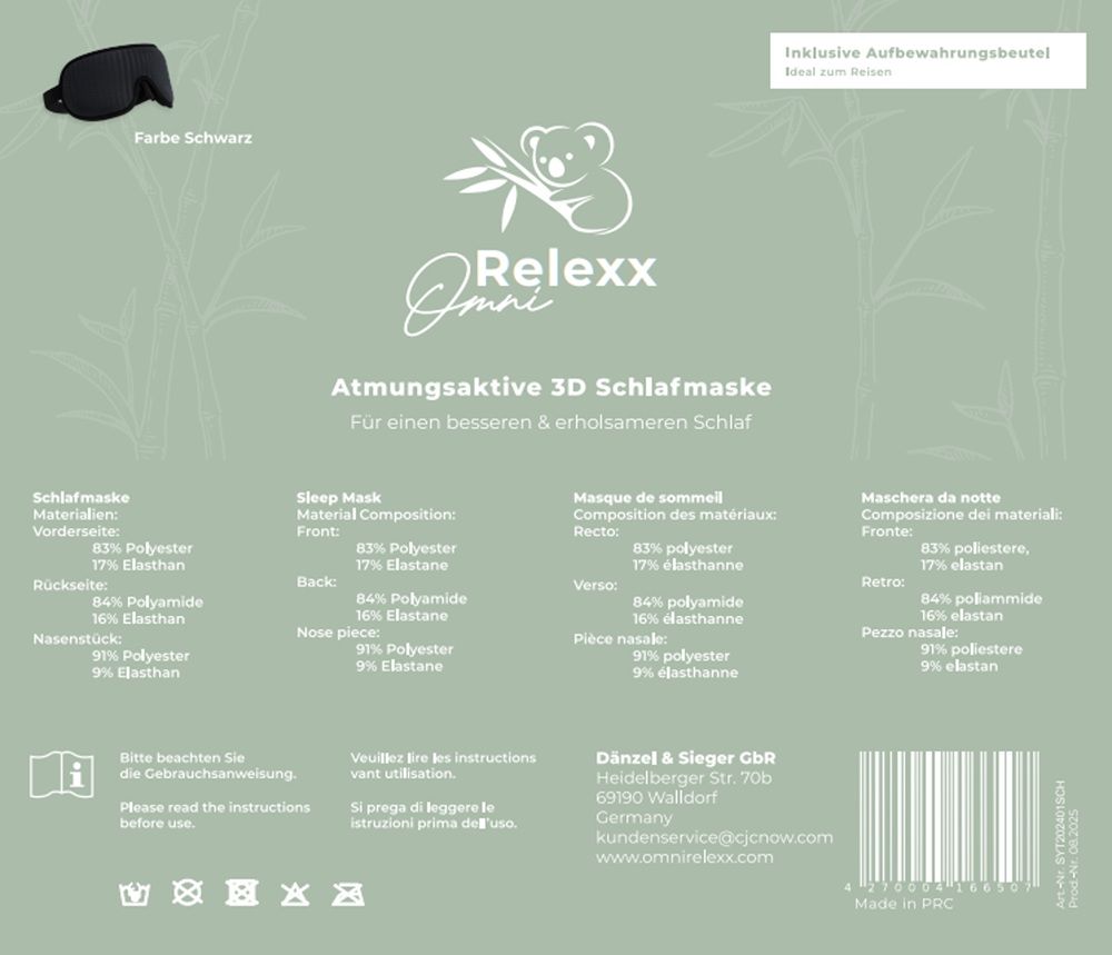 Retro della confezione. Testo: Maschera per dormire 3D traspirante. Composizione del materiale. Marchio Relexx Omni.