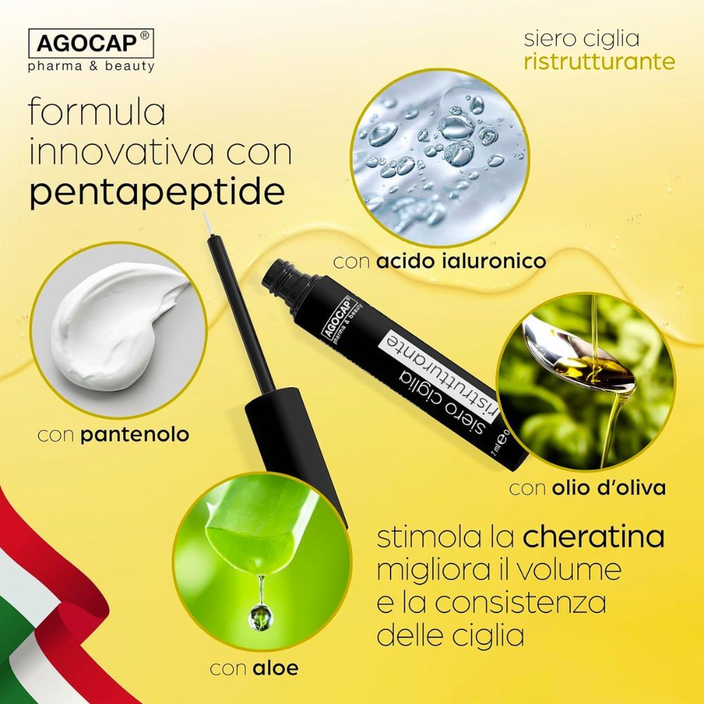 Ingredienti: Pantenolo, acido ialuronico, aloe e olio d'oliva. Logo Agocap e nome del prodotto.
