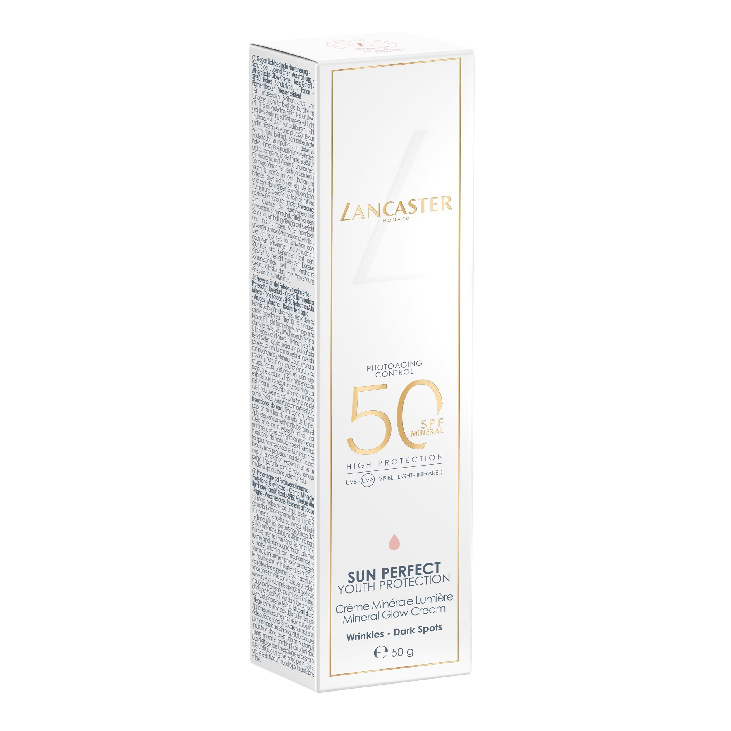 Confezione bianca. Scritta: Lancaster, 50 SPF, Sun Perfect Youth Protection. Crema per rughe e macchie scure. 50g.