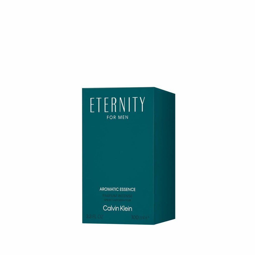 Confezione turchese. Scritta: Eternity for Men, Aromatic Essence, Calvin Klein. 100 ml.
