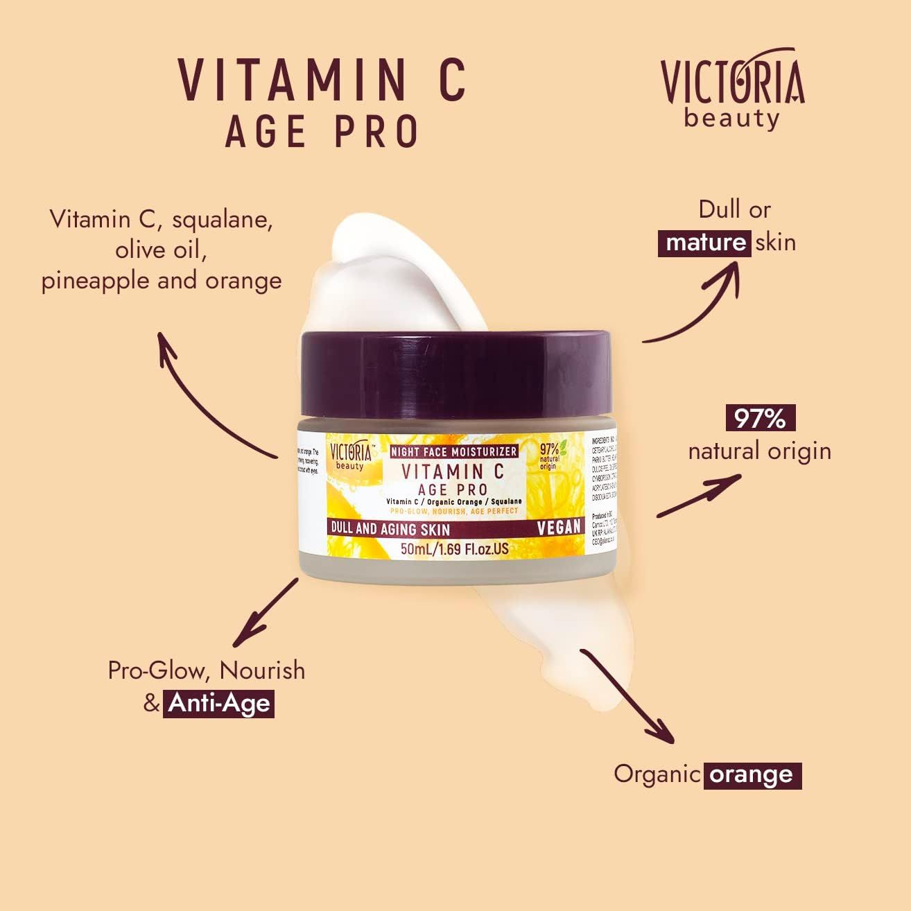 Prodotto Victoria Beauty Vitamin C Age Pro. Scritta: Night Face Moisturizer. Per pelli spente e mature. Vegan.