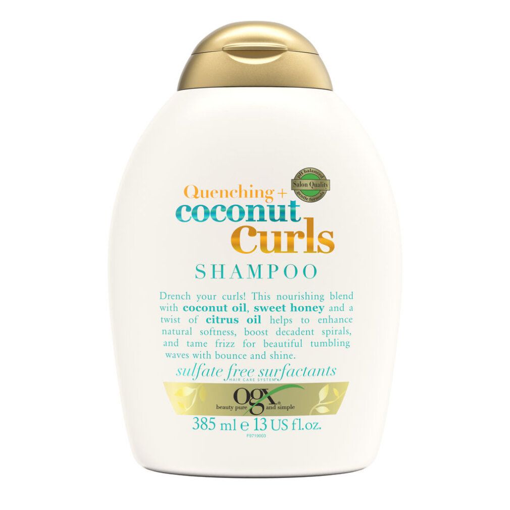 Flacone di shampoo bianco con tappo dorato. Scritta: Quenching+ Coconut Curls Shampoo. Contenuto: 385 ml.