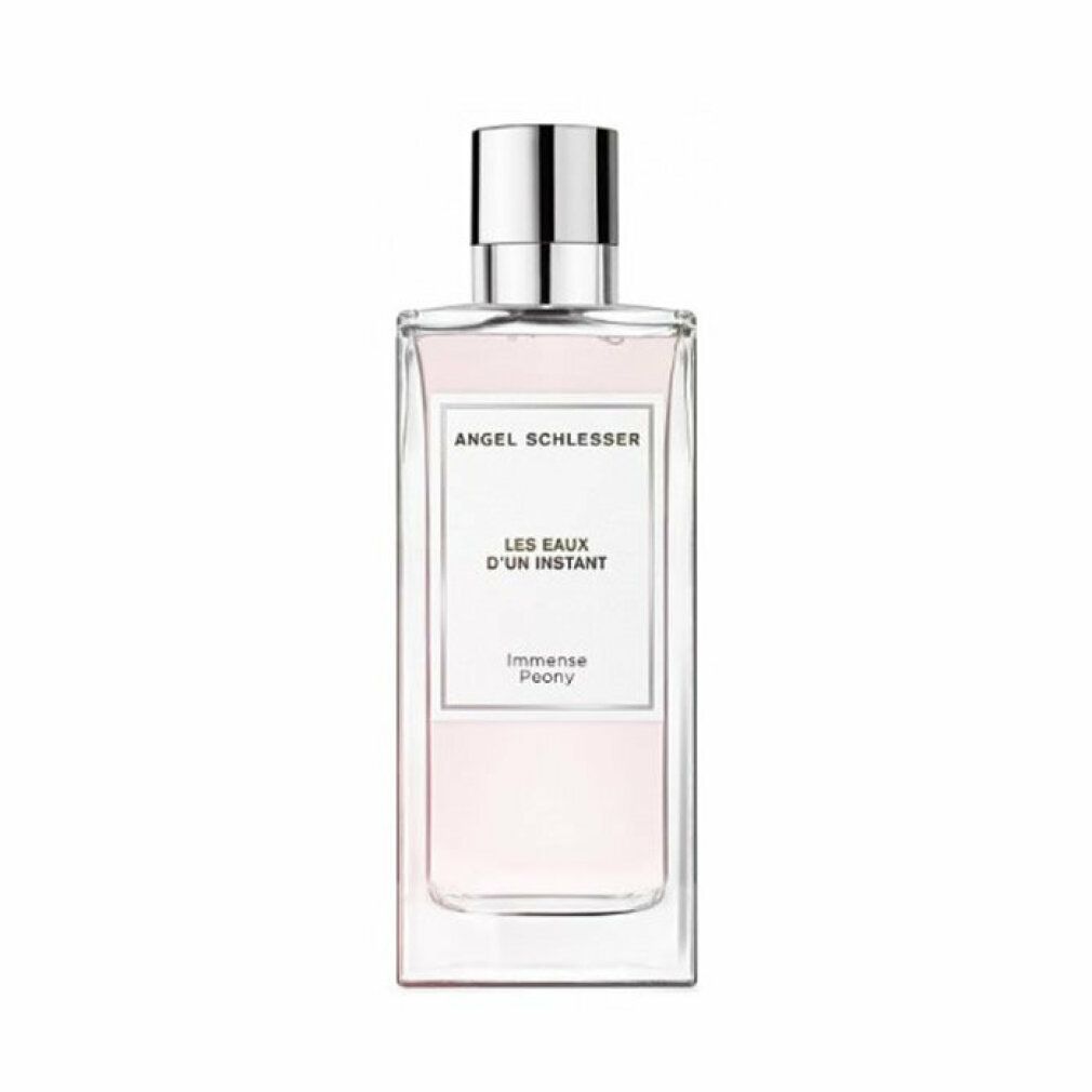 Flacone rettangolare con tappo argentato. Etichetta: Angel Schlesser, Les Eaux d'Un Instant, Inmense Peony.