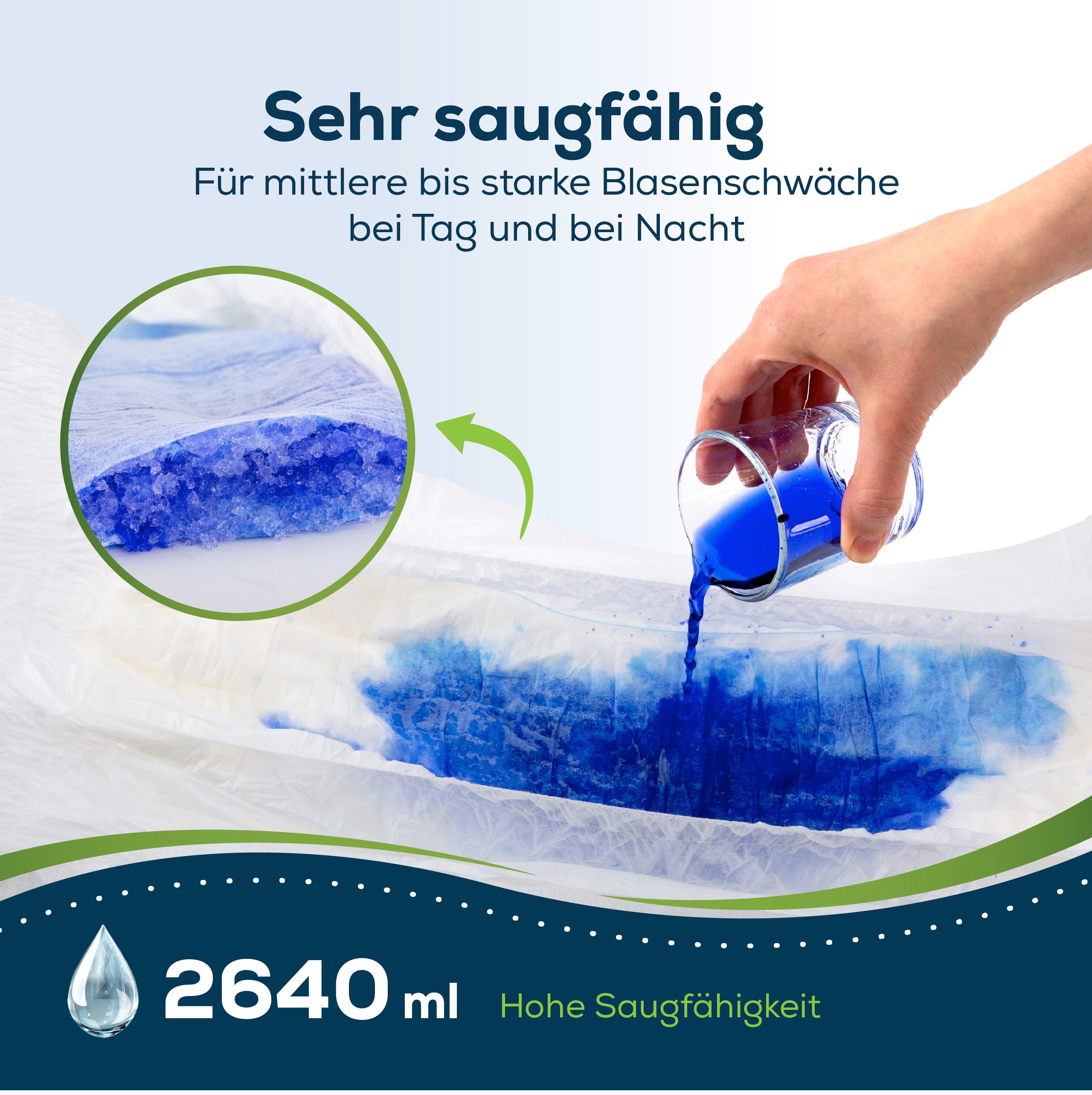 Pannolone ad alta assorbenza. 2640 ml. Il liquido si trasforma in gel. Illustrazione.