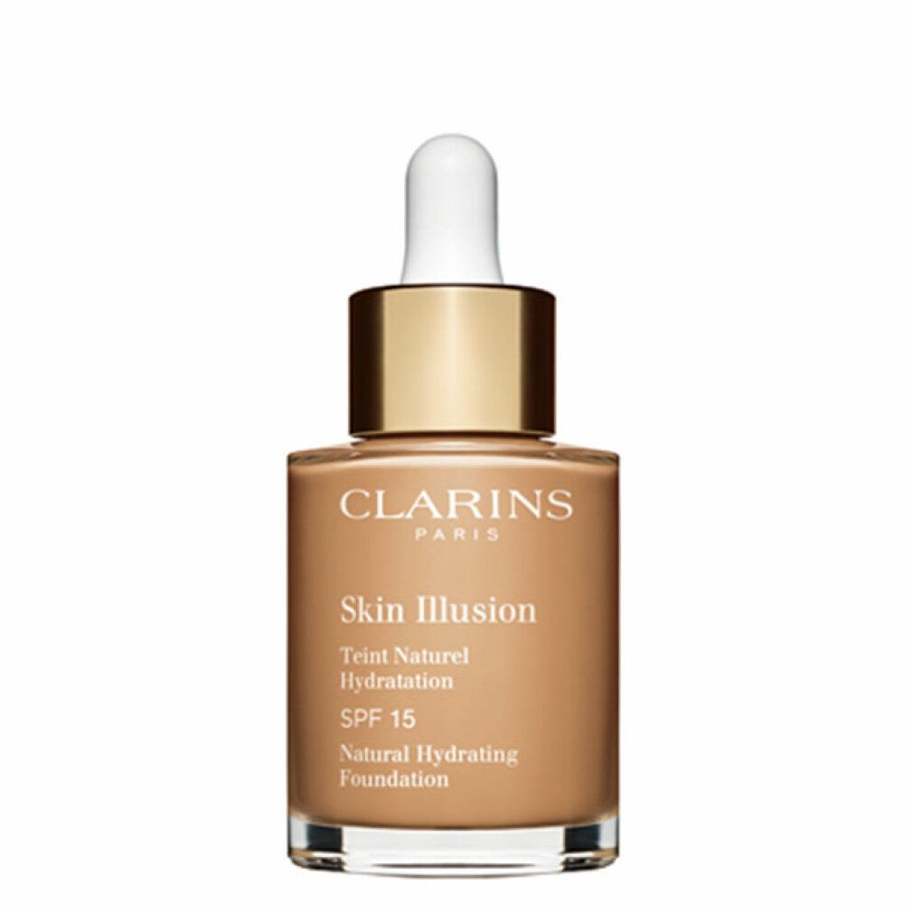 Fondotinta liquido in flacone di vetro con contagocce. Scritta: Clarins, Skin Illusion, Teint Naturel Hydratation, SPF 15, Natural Hydrating Foundation.