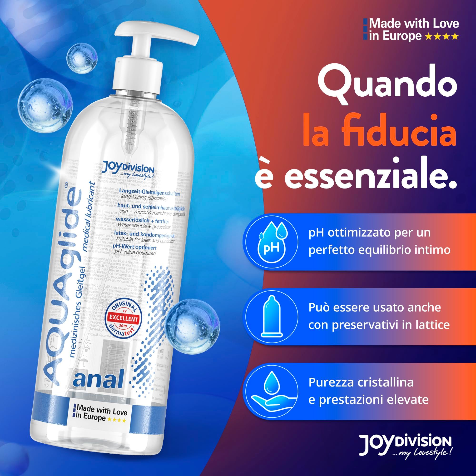 Gel lubrificante anale AQUAglilde con dispenser a pompa, con testi e icone italiane.