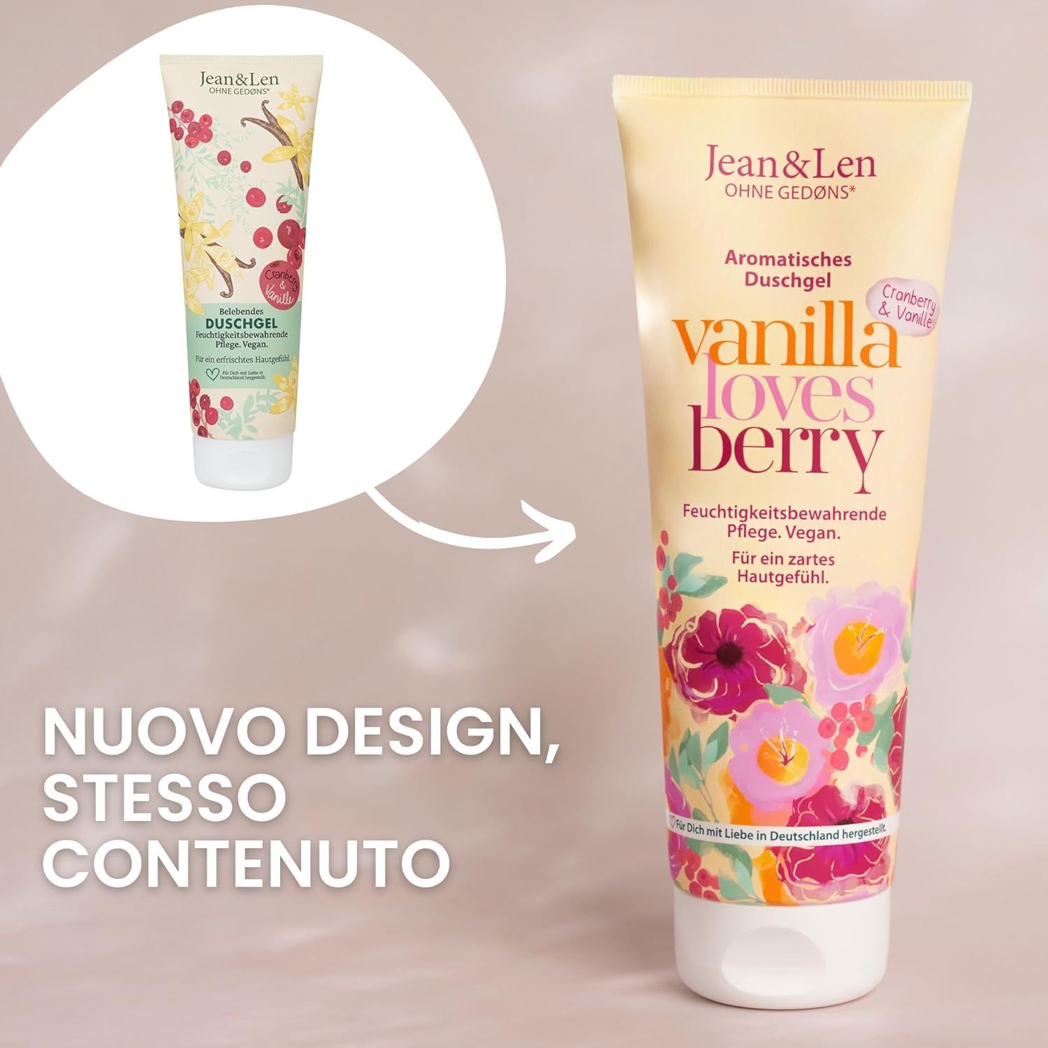 Tubo di gel doccia, testo: Gel doccia aromatico, Vanilla loves Berry. Nuovo design, stesso contenuto. Confronto con il vecchio design.