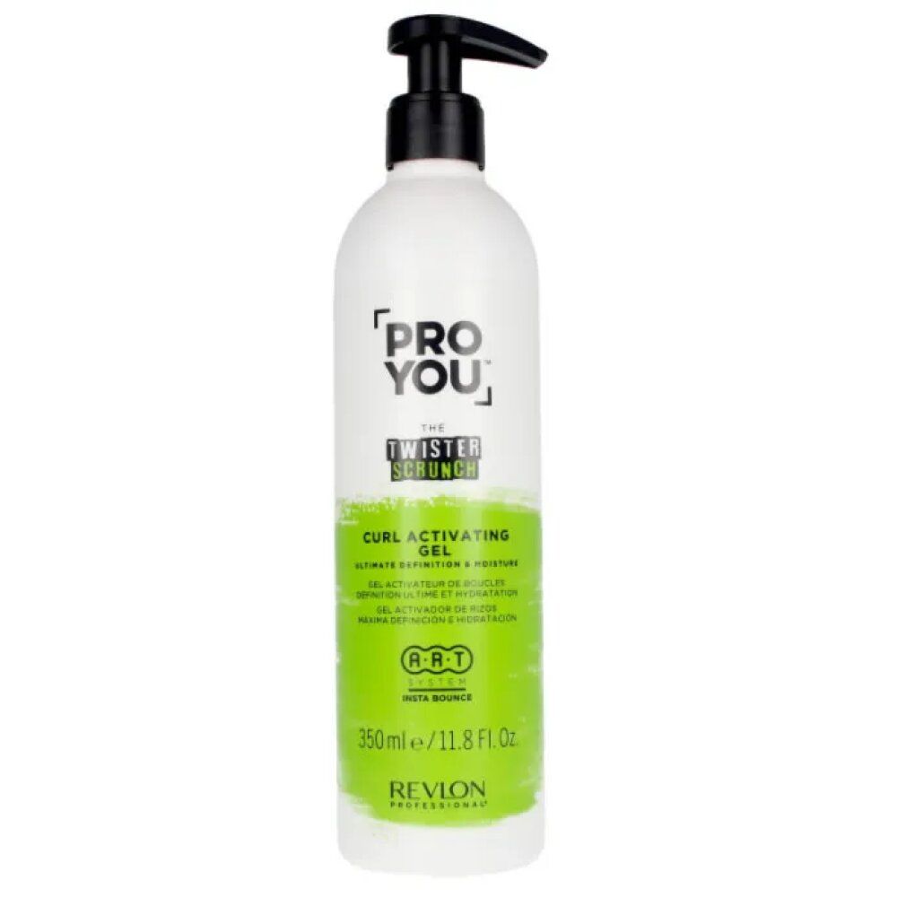 Flacone con erogatore nero. Scritta: PRO YOU, THE TWISTER SCRUNCH, CURL ACTIVATING GEL. Colori verde e bianco. 350ml/11.8 Fl. Oz. Revlon Professional.