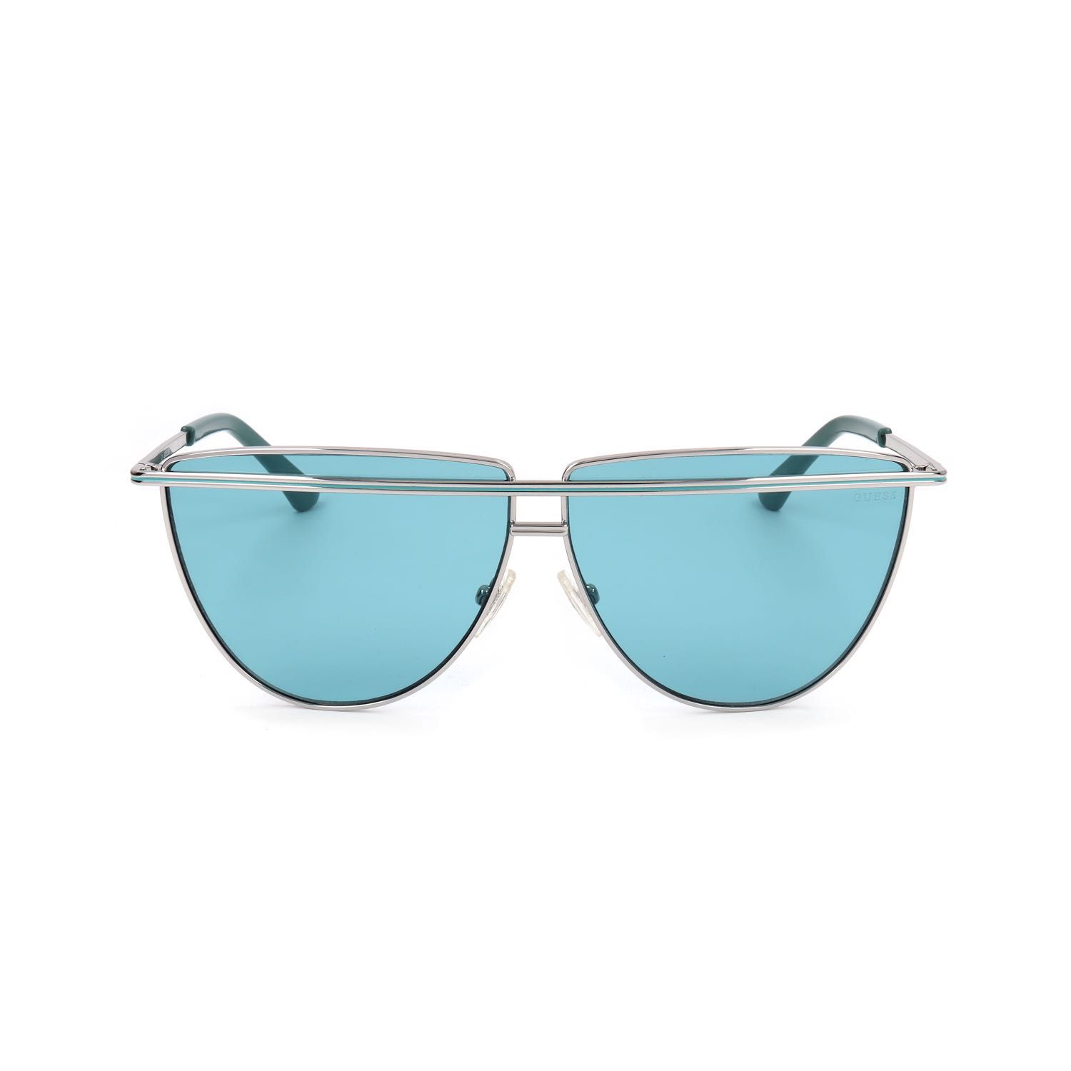 Occhiali da sole argentati con lenti blu e una barra superiore distintiva.