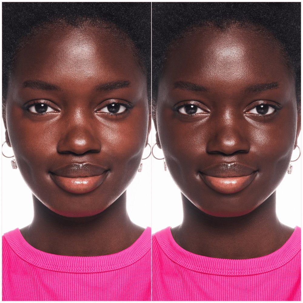 Due volti, prima e dopo l'applicazione del fondotinta. Pelle scura, top rosa, orecchini. Differenza di incarnato evidente.