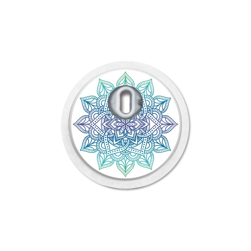 Adesivo rotondo con design mandala e sensore al centro. Sfumatura da blu a verde.