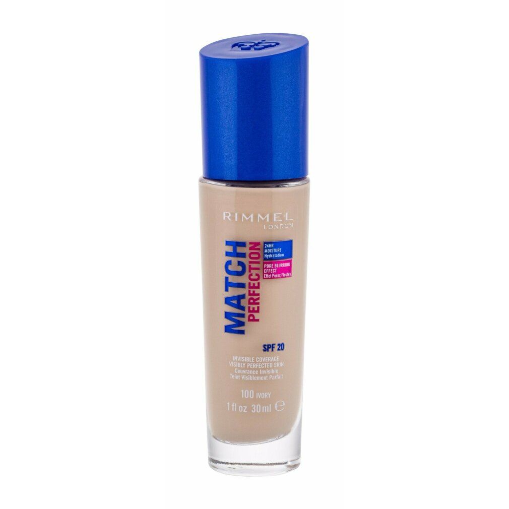 Flacone di fondotinta con tappo blu. Scritta: Rimmel London, Match Perfection, SPF 20, 100 Ivory. 30 ml.