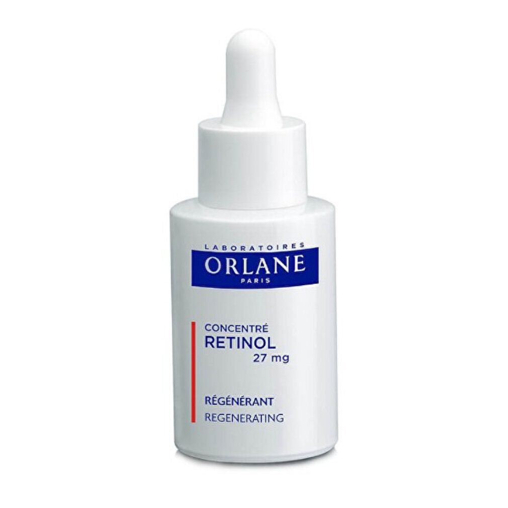 Flacone bianco con etichetta blu. Testo: Orlane Paris, Retinolo 27 mg, Régénérant Regenerating. Striscia rossa.