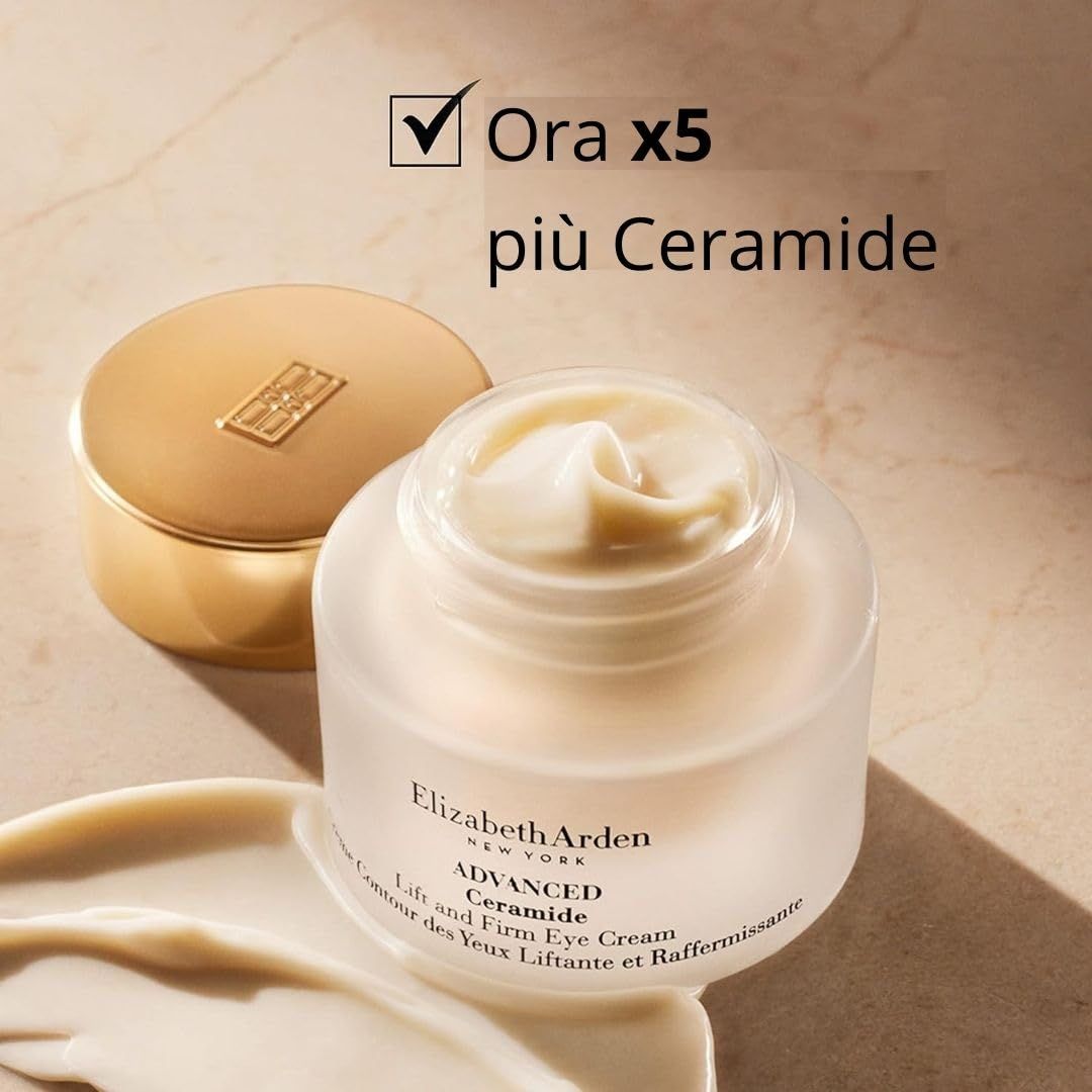 Vasetto di crema aperto con coperchio. Testo: Elizabeth Arden, Advanced Ceramide.