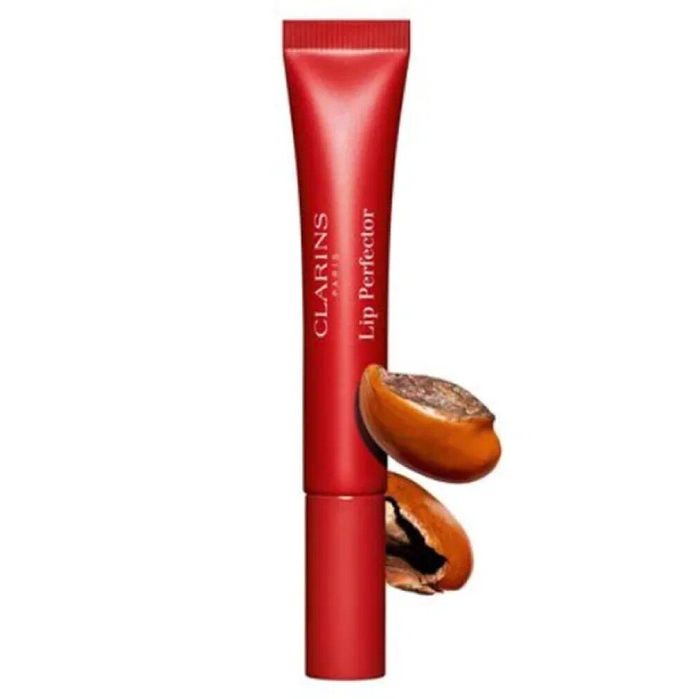 Tubo rosso con tappo rosso e burro di karité. Scritta: Clarins Paris, Lip Perfector.