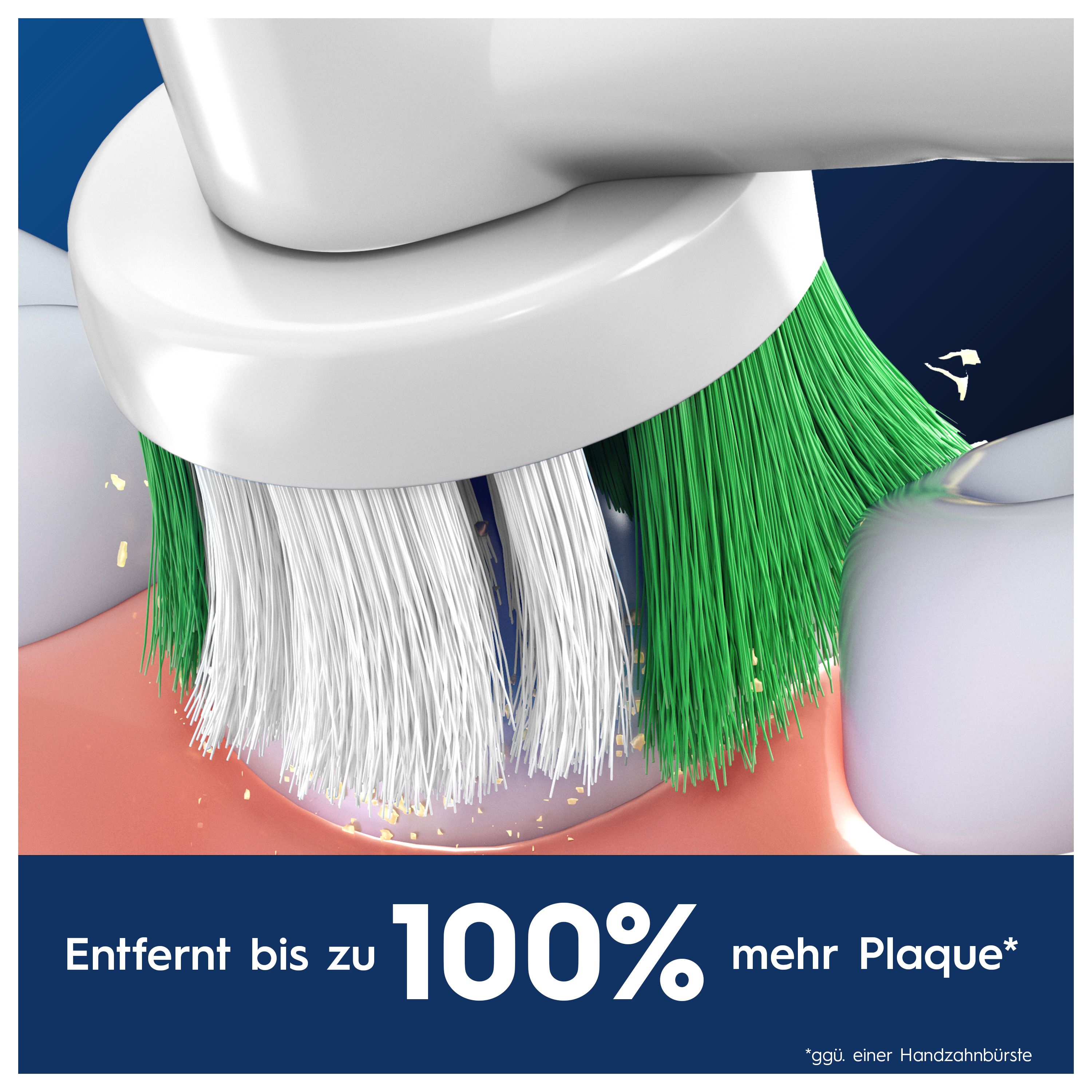 Primo piano di uno spazzolino che si lava i denti. Setole verdi e bianche. Testo: Rimuove fino al 100% di placca in più.