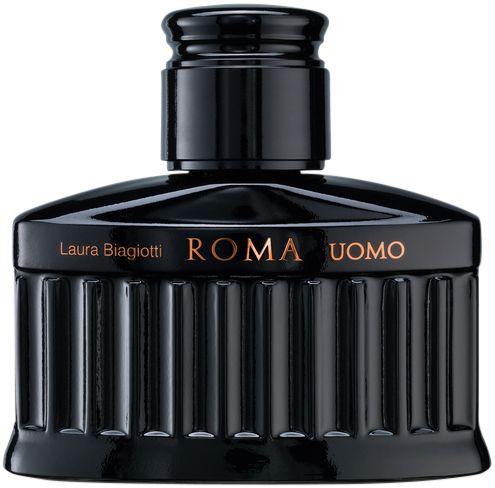 Flacone nero con scritta dorata ROMA UOMO. Lati scanalati, tappo nero.