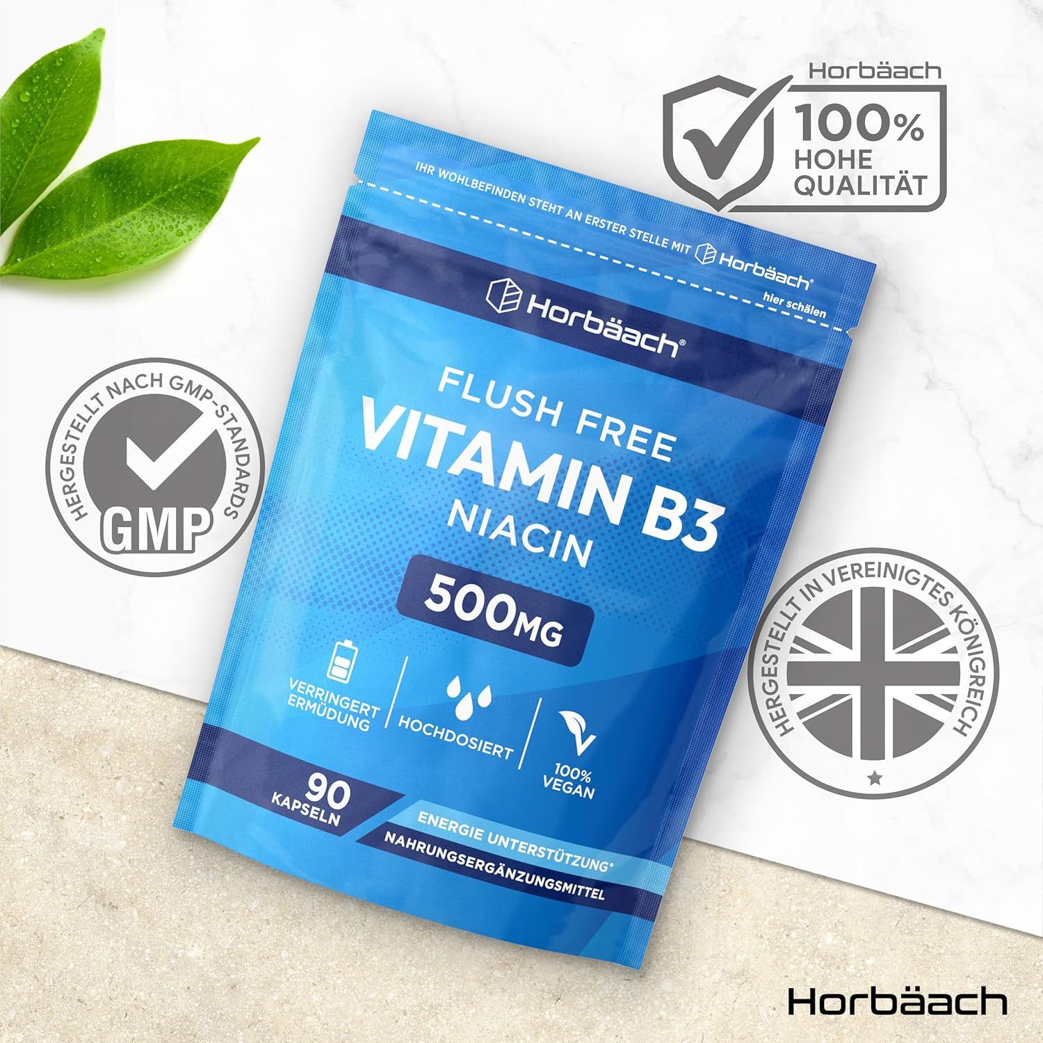 Confezione blu con Vitamina B3 Niacina 500mg, 90 capsule. Vegano. Horbaach. Marchi GMP e qualità.