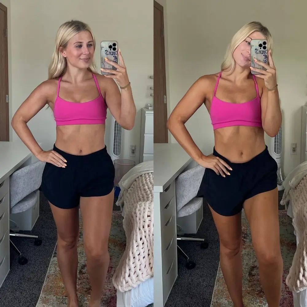 Due foto di una donna in abbigliamento sportivo. Sinistra: pelle chiara. Destra: pelle abbronzata. Tiene un telefono.