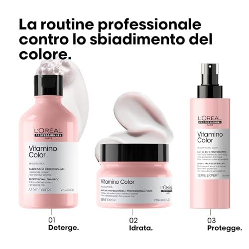 Tre prodotti Vitamino Color L'Oréal Professionnel: shampoo, maschera e spray, con istruzioni passo passo.