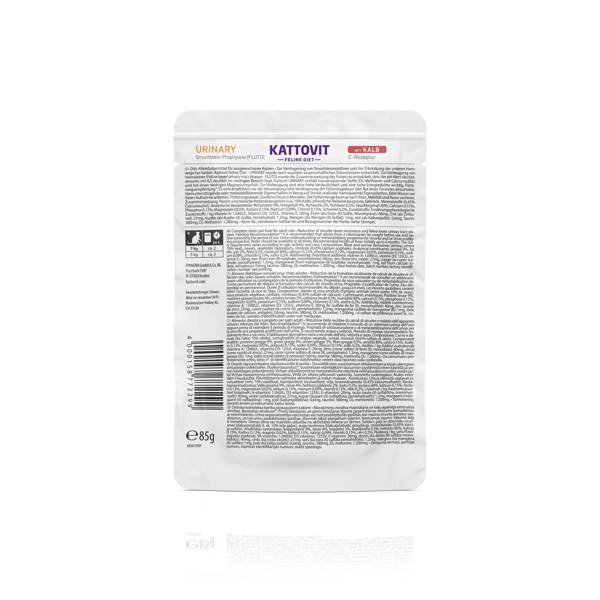 Retro di una busta KATTOVIT Urinary Kalb. Testo in tedesco. Codice a barre e indicazione del peso: 85g.
