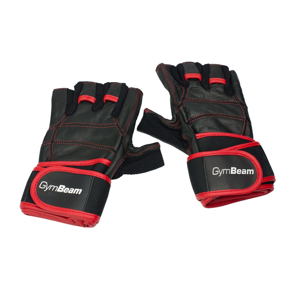 Coppia di guanti da fitness in pelle nera con accenti rossi e chiusura in velcro. Marchio GymBeam.