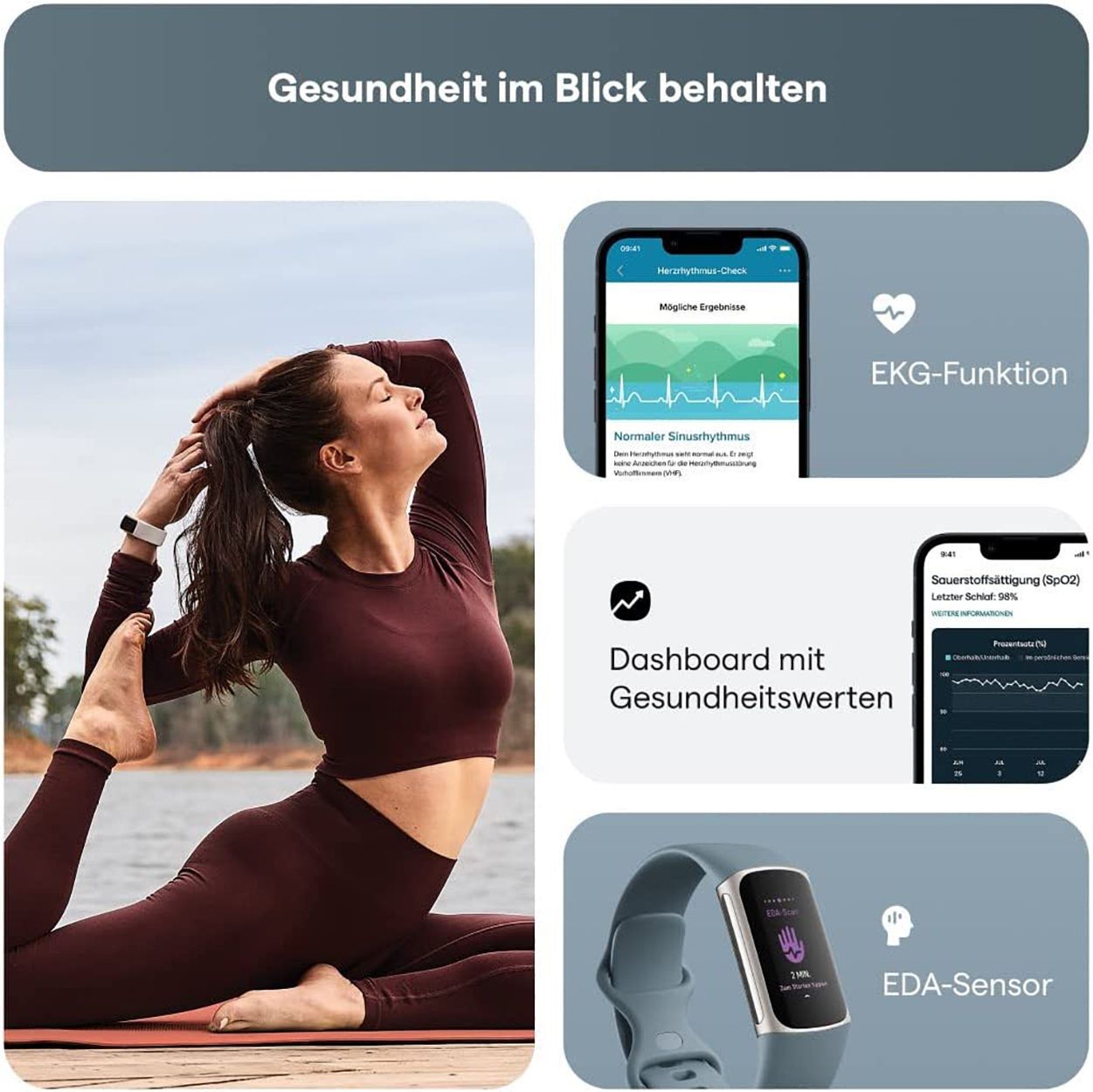 Fitbit Charge 5 AMOLED Braccialetto per rilevamento di attività Blu, Acciaio inox