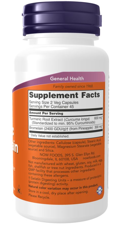 Retro del flacone. Etichetta arancione con testo: Supplement Facts. Contiene informazioni sugli ingredienti e i valori nutrizionali.