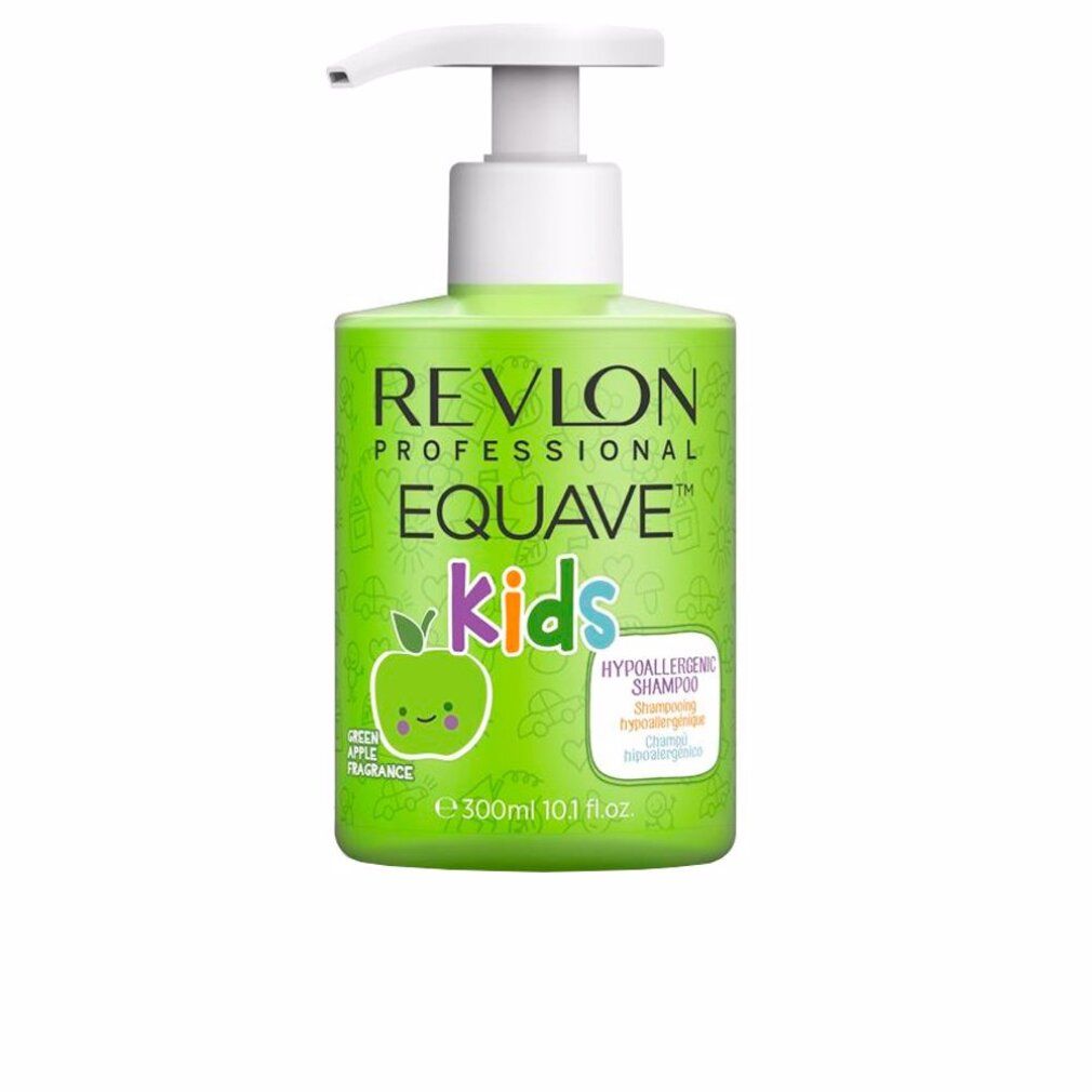 Flacone verde con dosatore bianco. Scritta: Revlon Equave Kids, profumo di mela. Contiene 300 ml.