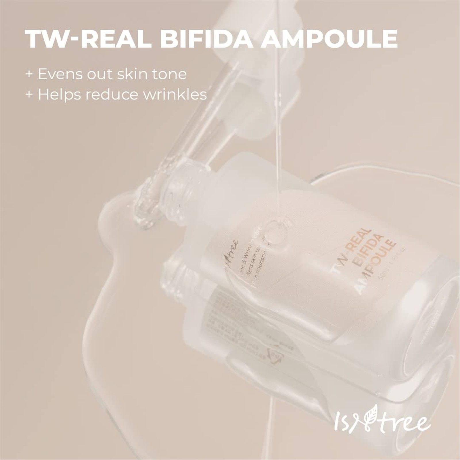 Gocce di Isntree TW-Real Bifida Ampoule cadono da un contagocce in un liquido limpido.