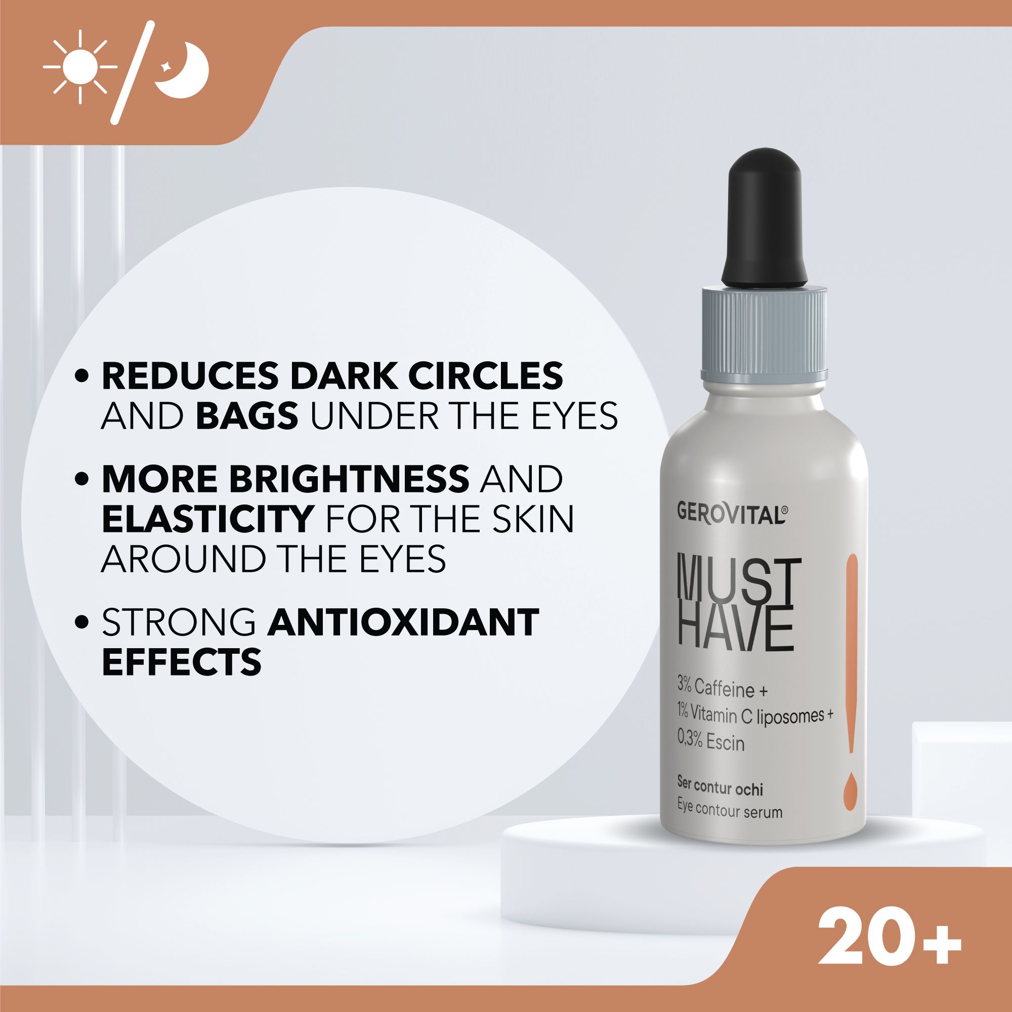 Flacone di siero con testo. Scritta: MUST HAVE, 3% caffeina, 1% vitamina C, 0,3% escina. Riduce le occhiaie.