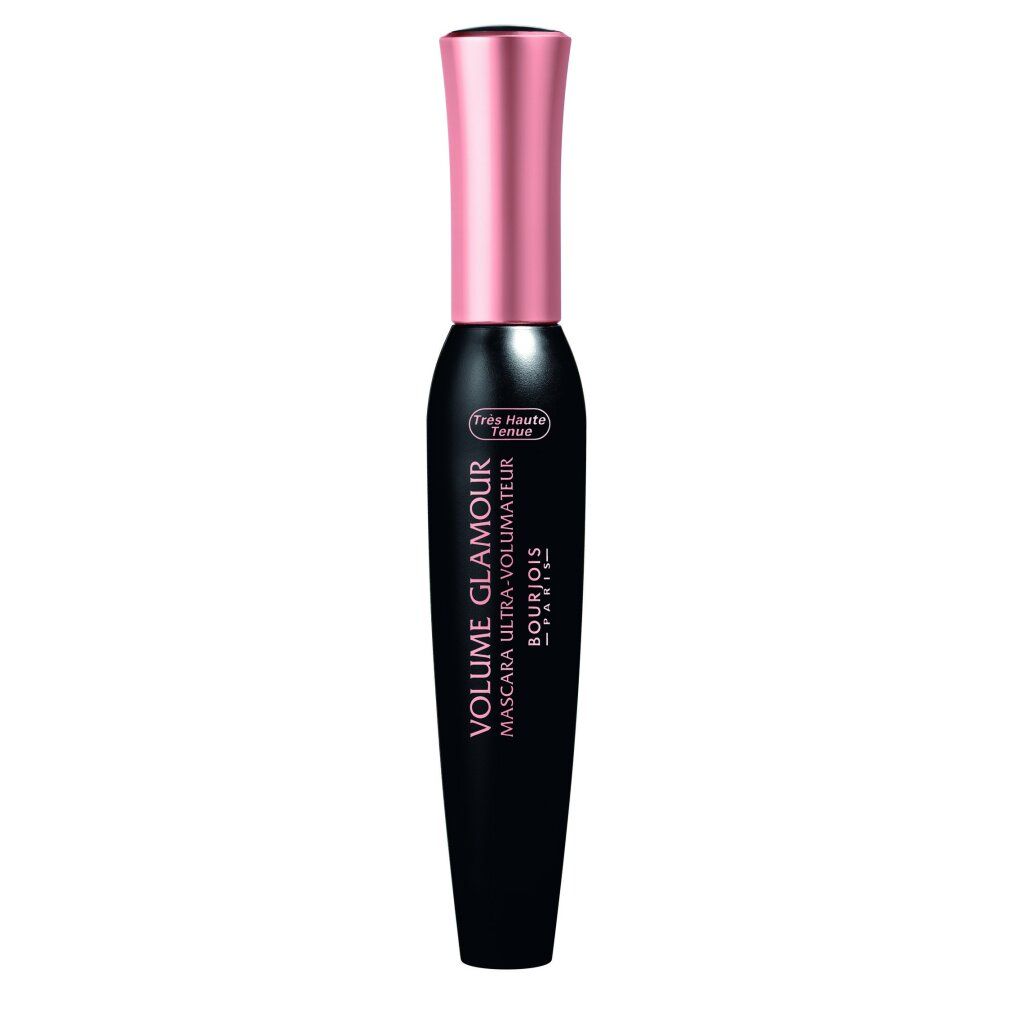 Tubetto di mascara nero con cappuccio rosa. Testo: VOLUME GLAMOUR, BOURJOIS PARIS.