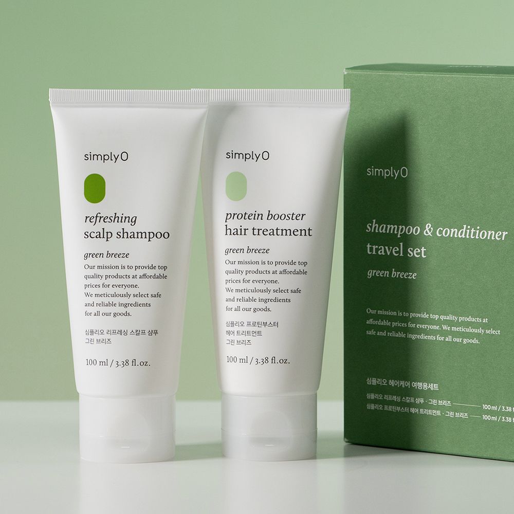 Set SIMPLYO Green Breeze. Shampoo e balsamo, formato da viaggio. Due tubi e confezione verde. Nomi e informazioni.