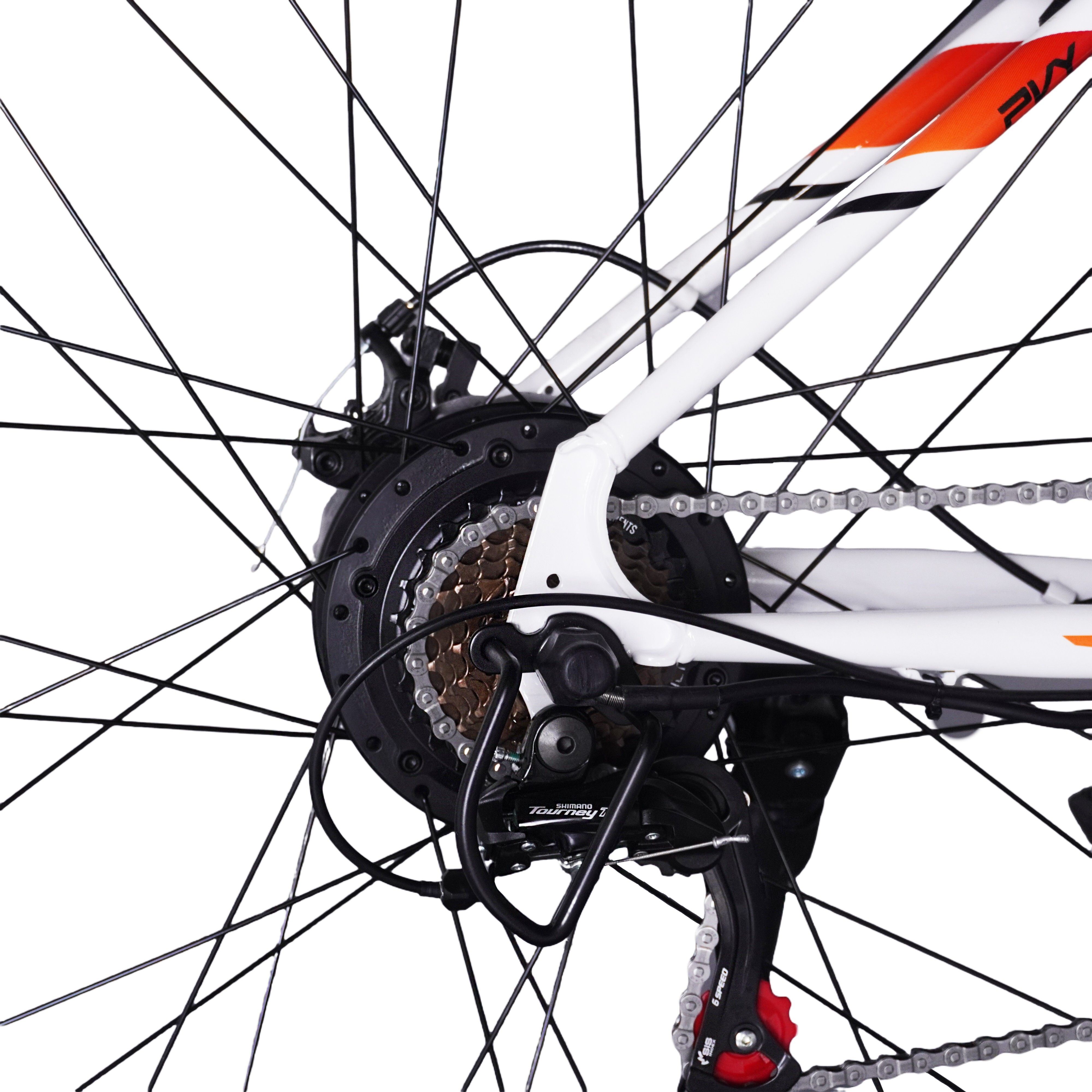 Primo piano della ruota posteriore di una bici elettrica. Pignoni, catena e deragliatore visibili.