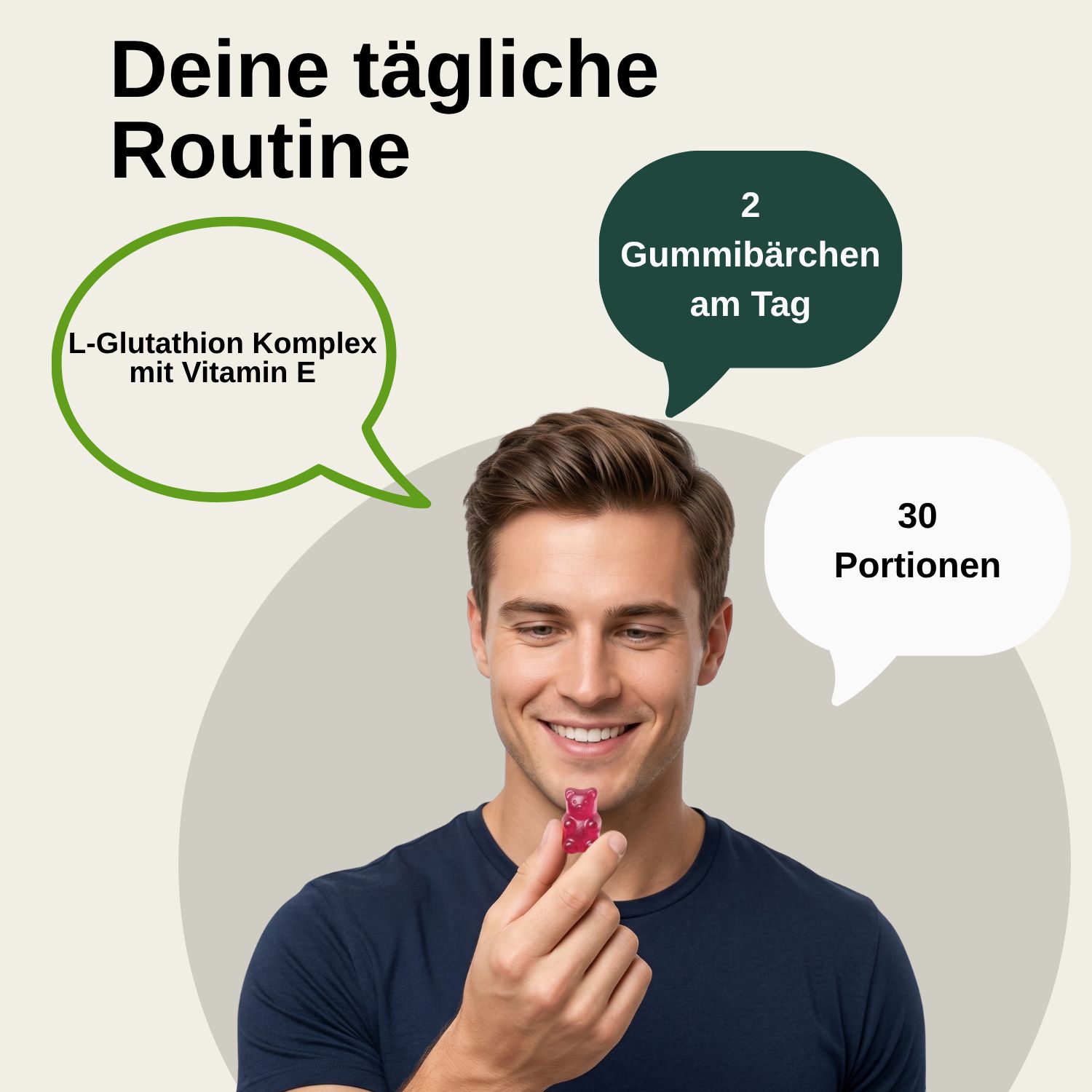 Uomo tiene caramella gommosa L-Glutatione rosa, routine quotidiana, 2 caramelle, 30 porzioni.